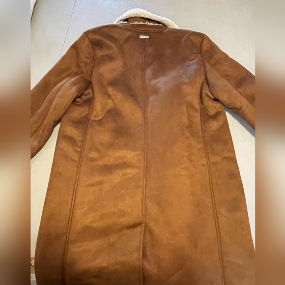 Nwt guess mens faux fur lined camel colored long jacket size large - Picture 2 of 11